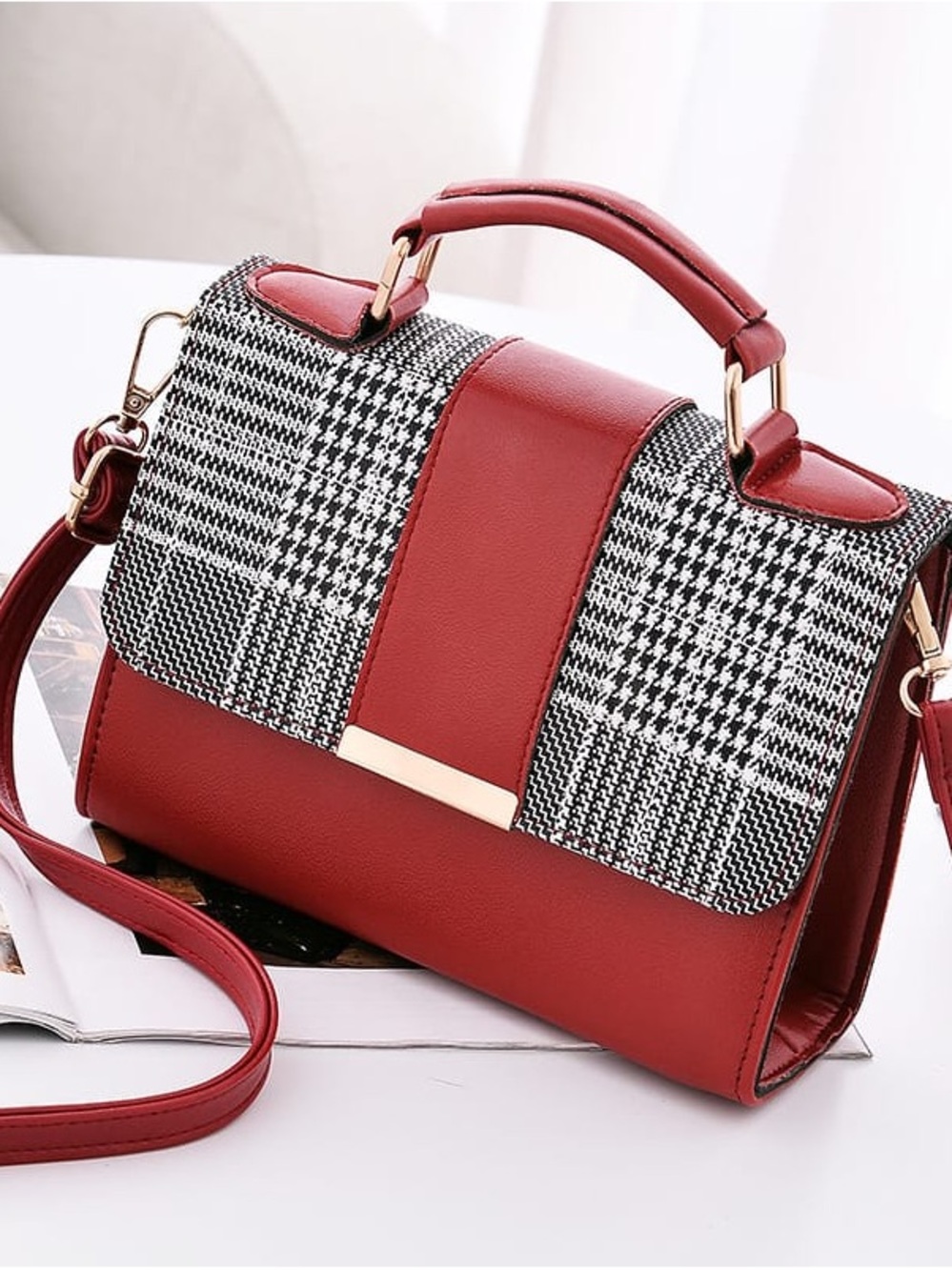 Elegant Red Plaid Top-Handle Satchel with Gold Accent